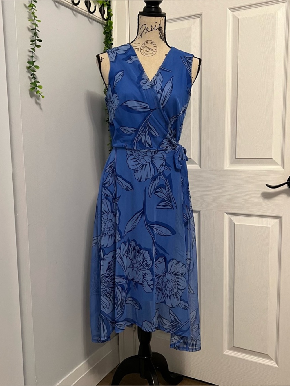 Blue Floral Wrap Midi Dress - Women's